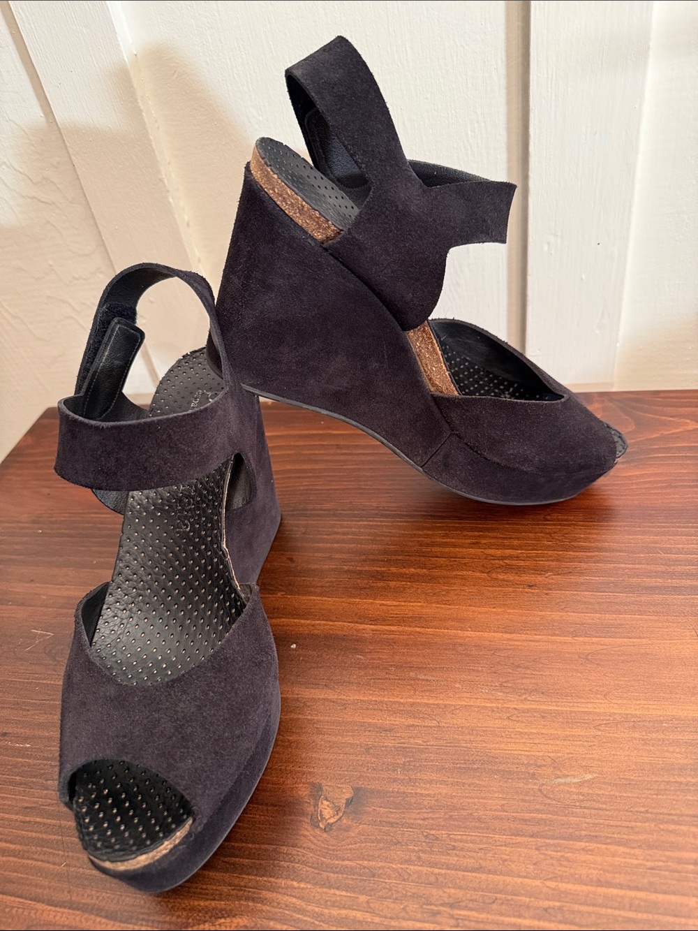 Pedro Garcia Black Suede Peep-Toe Wedge Sandals